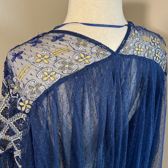 Free People Joyride Knit Sheer Lace Navy Blue Embroidered Top - Picture 14 of 14